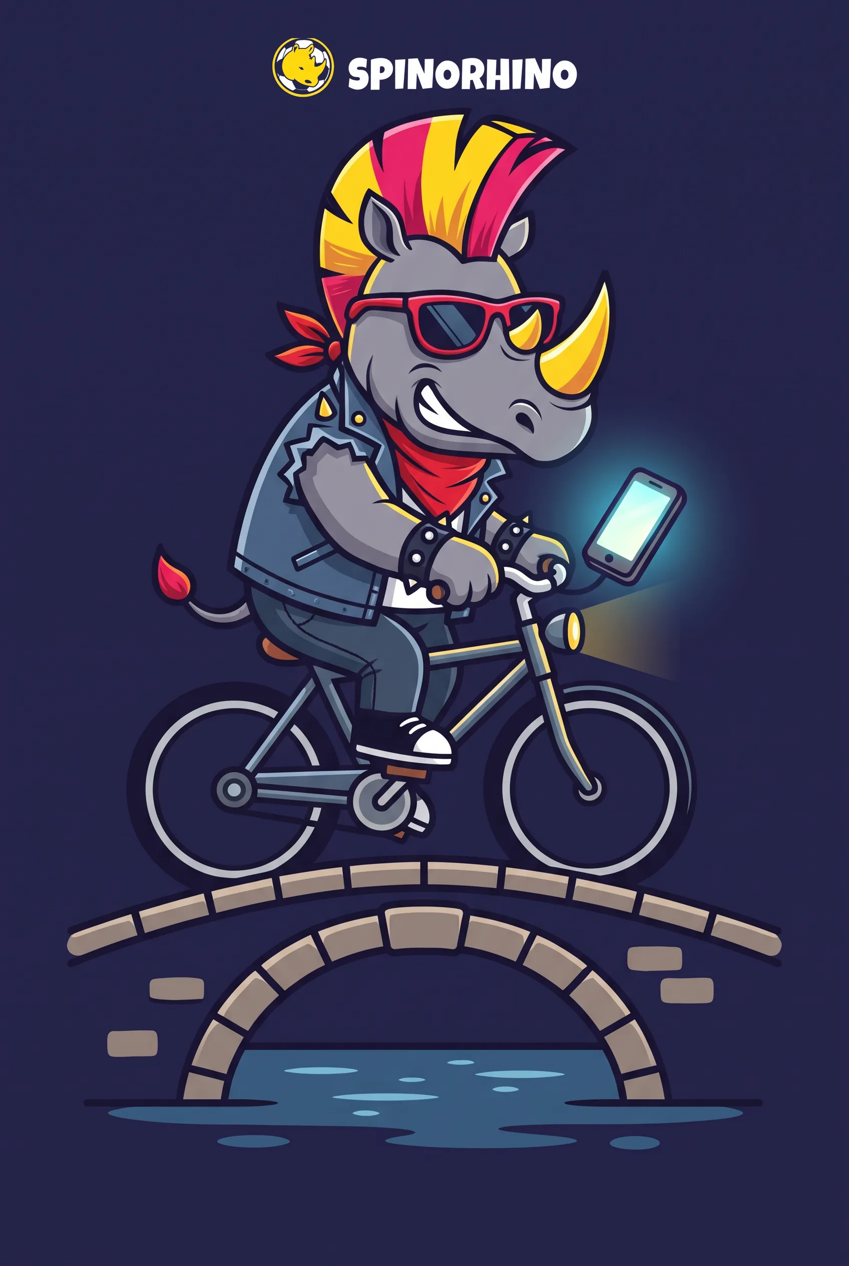 De Spinorhino-neushoorn fietst met een smartphone over een brug