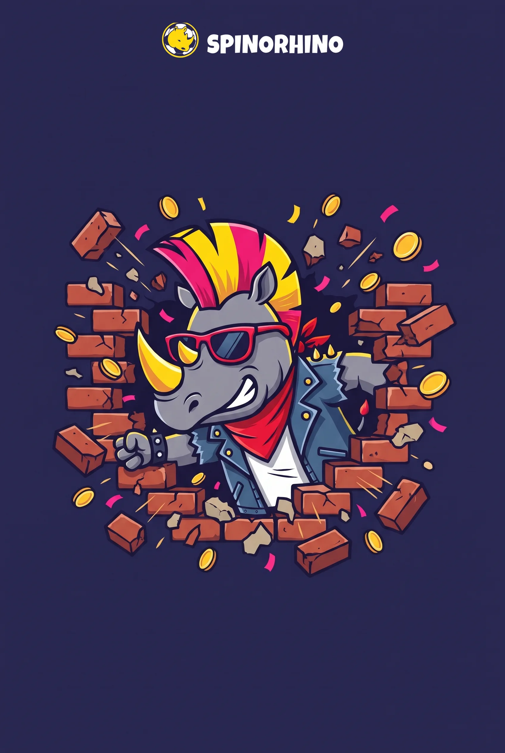 De Spinorhino-punkneushoorn breekt door een muur met munten